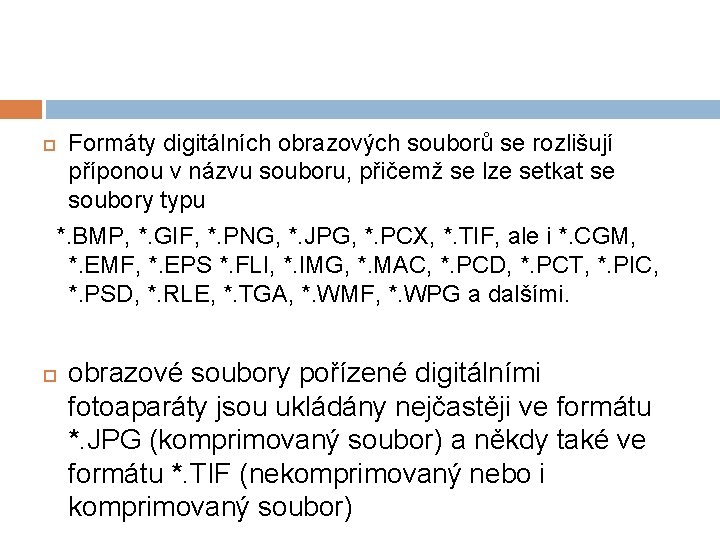 Formáty digitálních obrazových souborů se rozlišují příponou v názvu souboru, přičemž se lze setkat