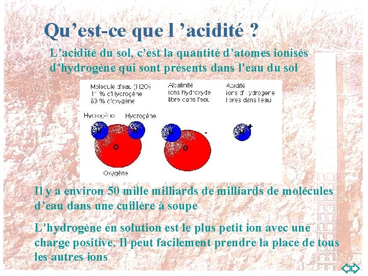 Qu’est-ce que l ’acidité ? L’acidité du sol, c’est la quantité d’atomes ionisés d’hydrogène