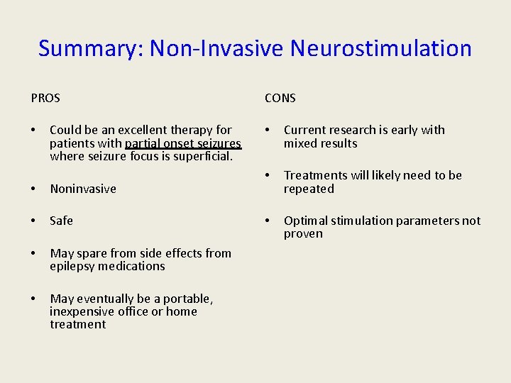 Summary: Non-Invasive Neurostimulation PROS • Could be an excellent therapy for patients with partial Summary: Non-Invasive Neurostimulation PROS • Could be an excellent therapy for patients with partial