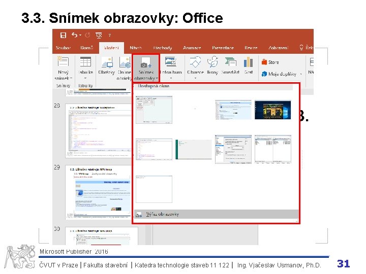 3. 3. Snímek obrazovky: Office Microsoft Publisher 2016 ČVUT v Praze I Fakulta stavební