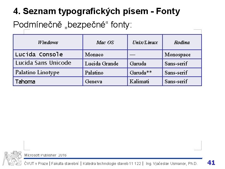 4. Seznam typografických písem - Fonty Podmínečně „bezpečné“ fonty: Windows Mac OS Unix/Linux Rodina