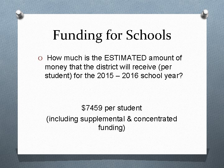 Funding for Schools O How much is the ESTIMATED amount of money that the