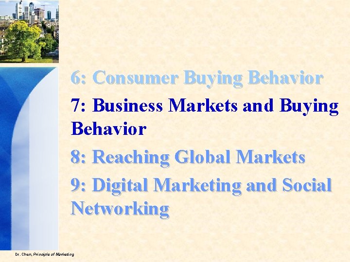 6: Consumer Buying Behavior 7: Business Markets and Buying Behavior 8: Reaching Global Markets