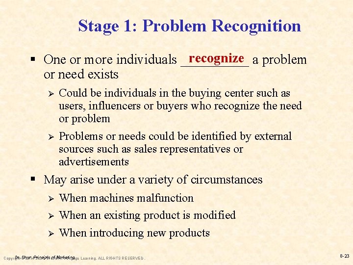 Stage 1: Problem Recognition recognize § One or more individuals _____ a problem or