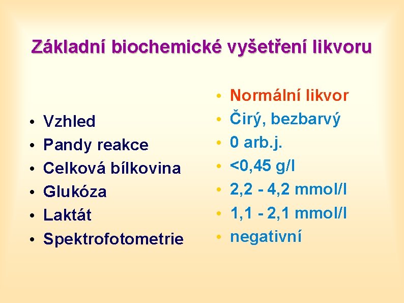 Základní biochemické vyšetření likvoru • • • Vzhled Pandy reakce Celková bílkovina Glukóza Laktát