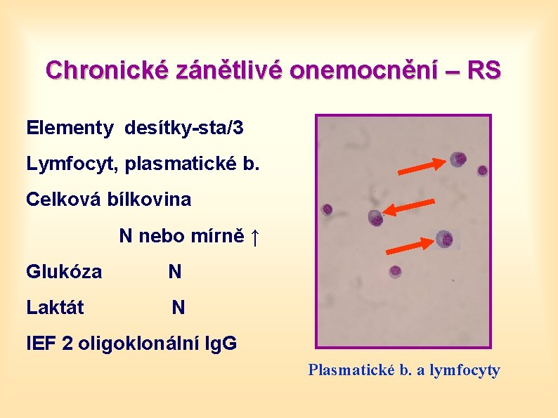 Chronické zánětlivé onemocnění – RS Elementy desítky-sta/3 Lymfocyt, plasmatické b. Celková bílkovina N nebo