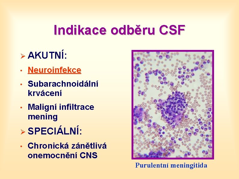 Indikace odběru CSF Ø AKUTNÍ: • Neuroinfekce • Subarachnoidální krvácení • Maligní infiltrace mening