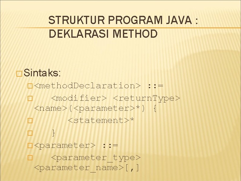 STRUKTUR PROGRAM JAVA : DEKLARASI METHOD �Sintaks: �<method. Declaration> : : = � <modifier> STRUKTUR PROGRAM JAVA : DEKLARASI METHOD �Sintaks: �<method. Declaration> : : = � <modifier>