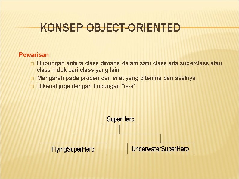 KONSEP OBJECT-ORIENTED Pewarisan � Hubungan antara class dimana dalam satu class ada superclass atau