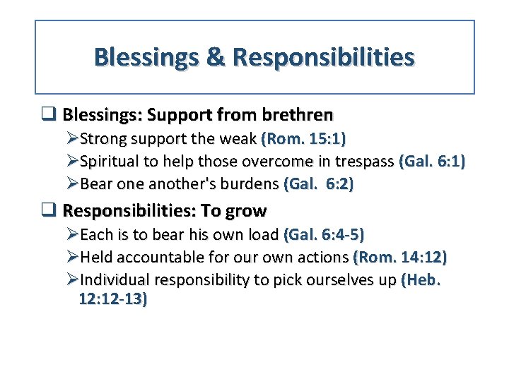 Blessings & Responsibilities q Blessings: Support from brethren ØStrong support the weak (Rom. 15: