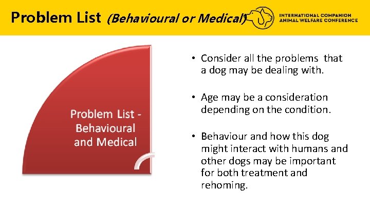 Problem List (Behavioural or Medical) • Consider all the problems that a dog may