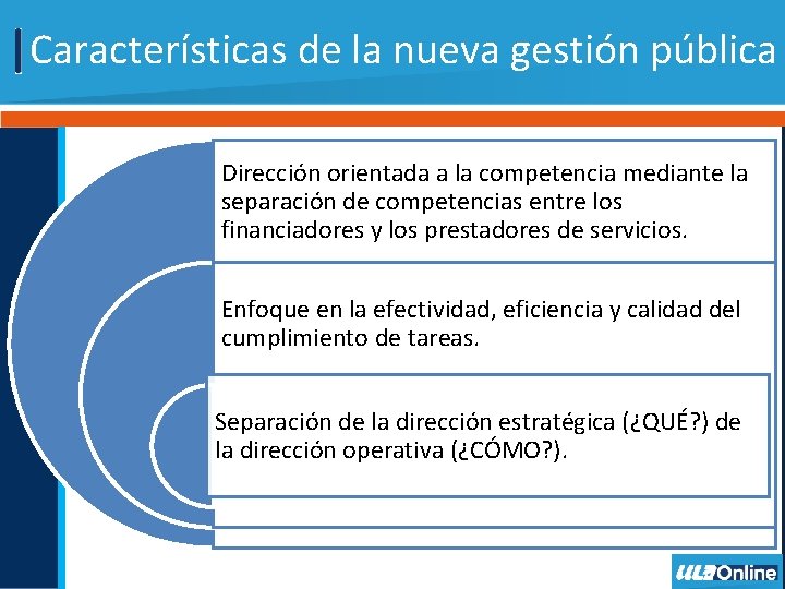 Características de la nueva gestión pública Dirección orientada a la competencia mediante la separación