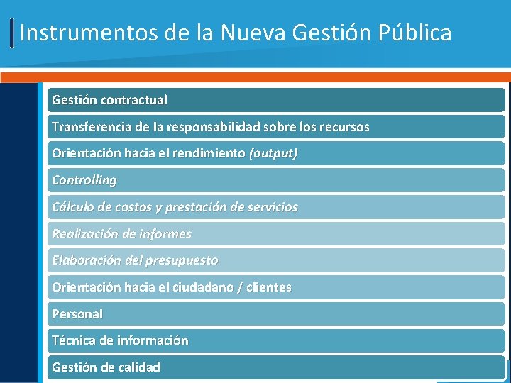 Instrumentos de la Nueva Gestión Pública Gestión contractual Transferencia de la responsabilidad sobre los