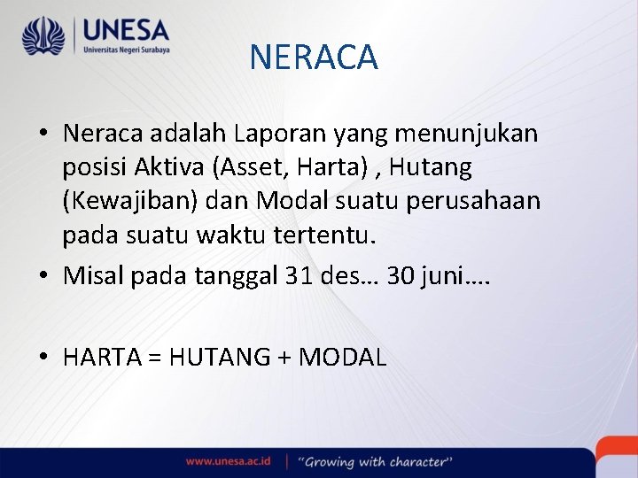 NERACA • Neraca adalah Laporan yang menunjukan posisi Aktiva (Asset, Harta) , Hutang (Kewajiban)