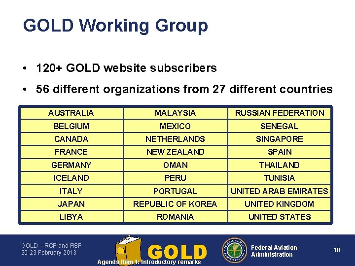 GOLD Working Group • 120+ GOLD website subscribers • 56 different organizations from 27