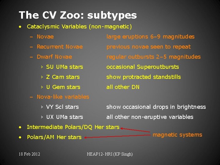 The CV Zoo: subtypes • Cataclysmic Variables (non-magnetic) – Novae large eruptions 6– 9
