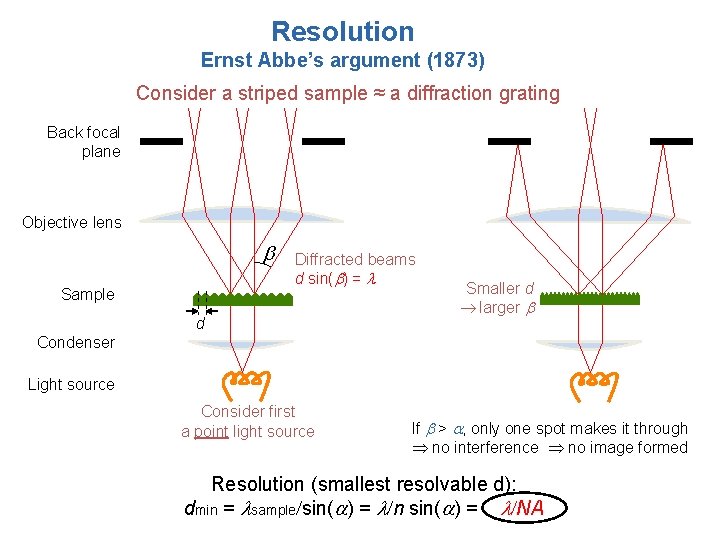 Resolution Ernst Abbe’s argument (1873) Consider a striped sample ≈ a diffraction grating Back