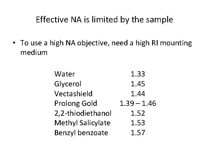 Effective NA is limited by the sample • To use a high NA objective,