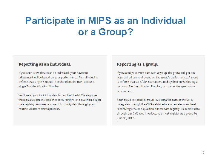 Participate in MIPS as an Individual or a Group? 10 