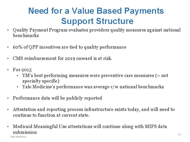 Need for a Value Based Payments Support Structure • Quality Payment Program evaluates providers