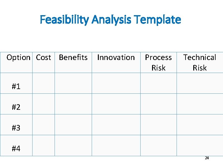 Feasibility Analysis Template Option Cost Benefits Innovation Process Risk Technical Risk #1 #2 #3