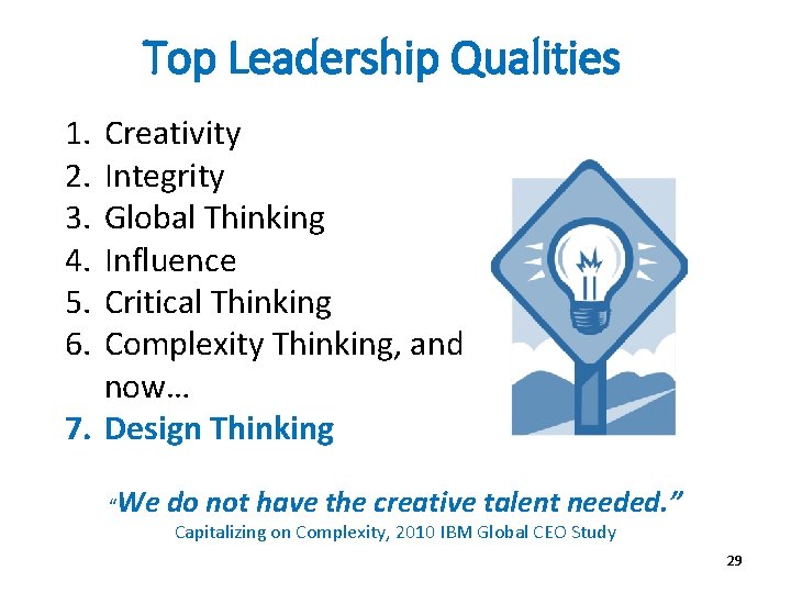 Top Leadership Qualities 1. 2. 3. 4. 5. 6. Creativity Integrity Global Thinking Influence