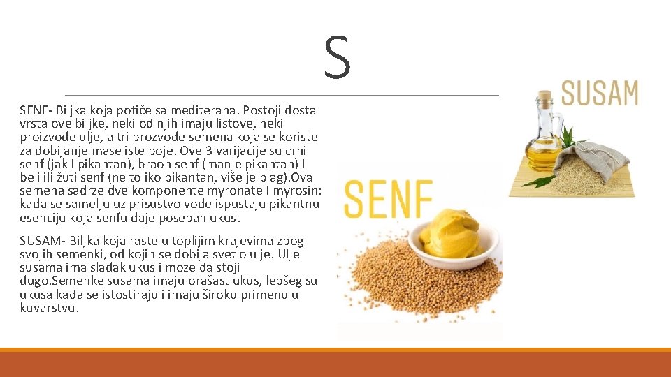 S SENF- Biljka koja potiče sa mediterana. Postoji dosta vrsta ove biljke, neki od