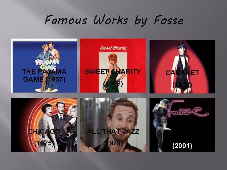 Famous Works by Fosse THE PAJAMA GAME (1957) SWEET CHARITY CABARET (1969) (1972) CHICAGO