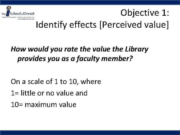 Objective 1: Identify effects [Perceived value] How would you rate the value the Library