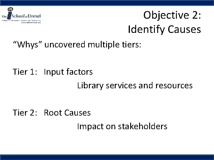 Objective 2: Identify Causes “Whys” uncovered multiple tiers: Tier 1: Input factors Library services