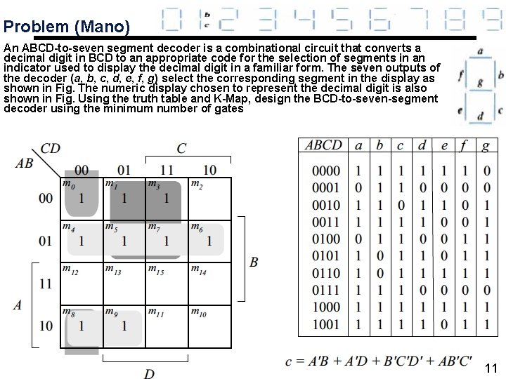 Problem (Mano) An ABCD-to-seven segment decoder is a combinational circuit that converts a decimal