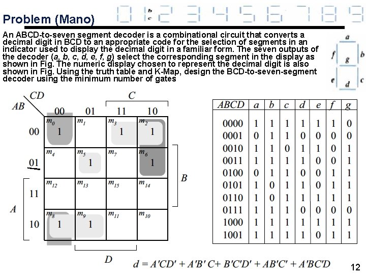 Problem (Mano) An ABCD-to-seven segment decoder is a combinational circuit that converts a decimal