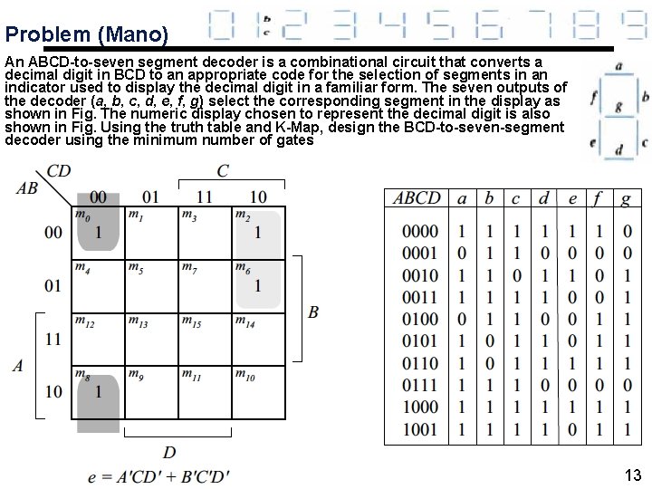 Problem (Mano) An ABCD-to-seven segment decoder is a combinational circuit that converts a decimal