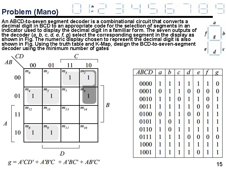 Problem (Mano) An ABCD-to-seven segment decoder is a combinational circuit that converts a decimal