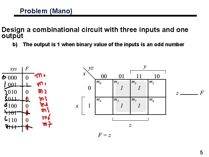 Problem (Mano) Design a combinational circuit with three inputs and one output b) The