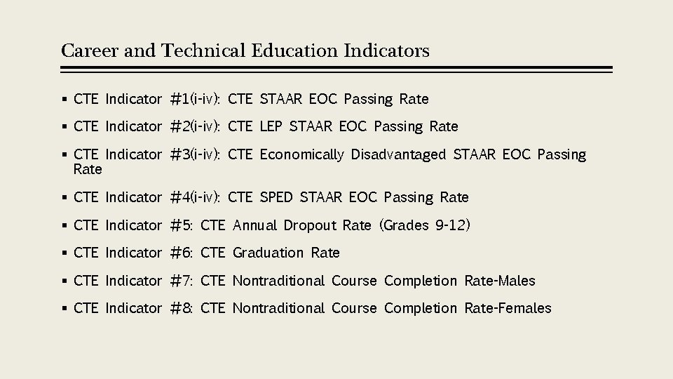Career and Technical Education Indicators § CTE Indicator #1(i-iv): CTE STAAR EOC Passing Rate