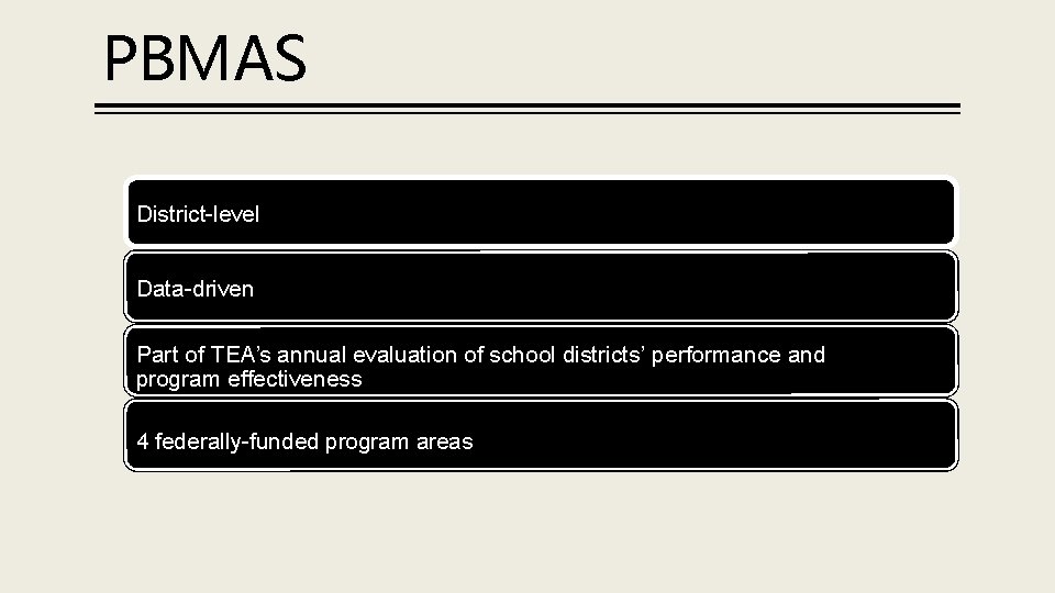 PBMAS District-level Data-driven Part of TEA’s annual evaluation of school districts’ performance and program