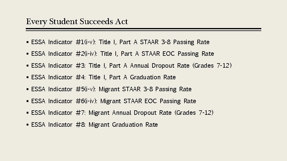 Every Student Succeeds Act § ESSA Indicator #1(i-v): Title I, Part A STAAR 3