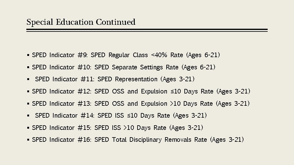 Special Education Continued § SPED Indicator #9: SPED Regular Class ˂40% Rate (Ages 6