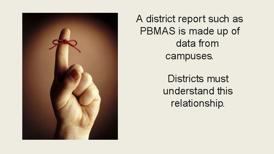 A district report such as PBMAS is made up of data from campuses. Districts