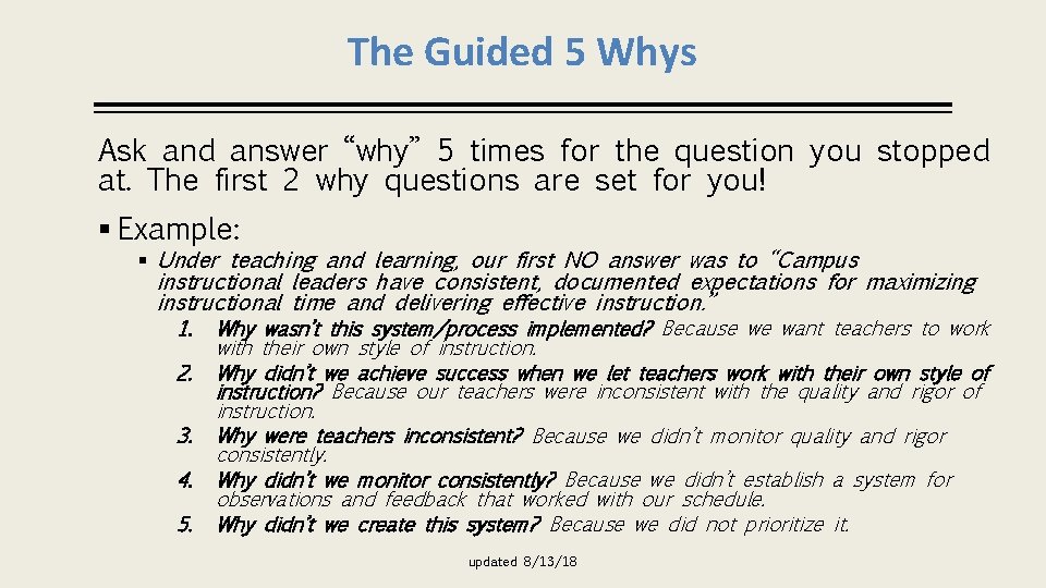 The Guided 5 Whys Ask and answer “why” 5 times for the question you