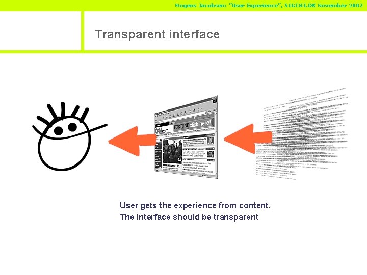 Mogens Jacobsen: ”User Experience”, SIGCHI. DK November 2002 Transparent interface User gets the experience