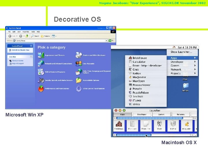 Mogens Jacobsen: ”User Experience”, SIGCHI. DK November 2002 Decorative OS Microsoft Win XP Macintosh