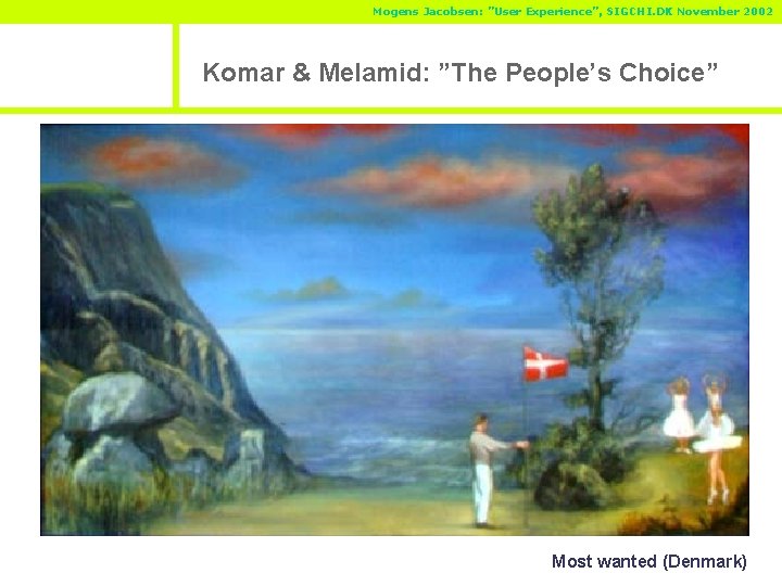Mogens Jacobsen: ”User Experience”, SIGCHI. DK November 2002 Komar & Melamid: ”The People’s Choice”