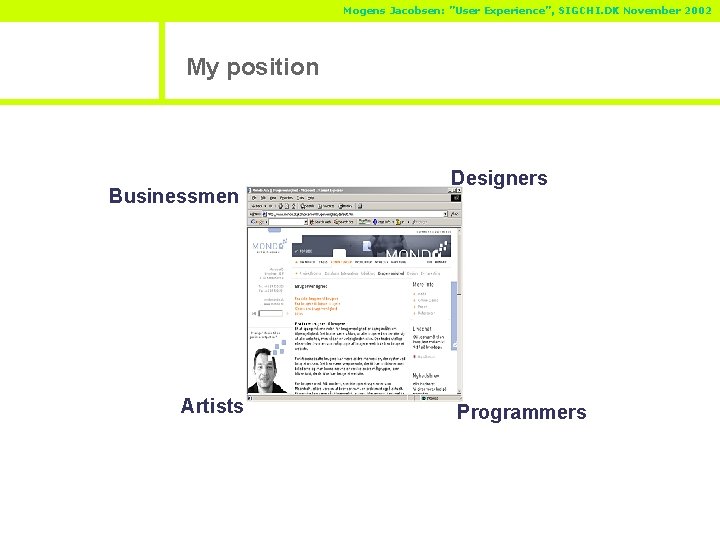 Mogens Jacobsen: ”User Experience”, SIGCHI. DK November 2002 My position Businessmen Artists Designers Programmers