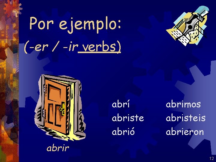 Por ejemplo: (-er / -ir verbs) abrí abriste abrió abrimos abristeis abrieron abrir 12