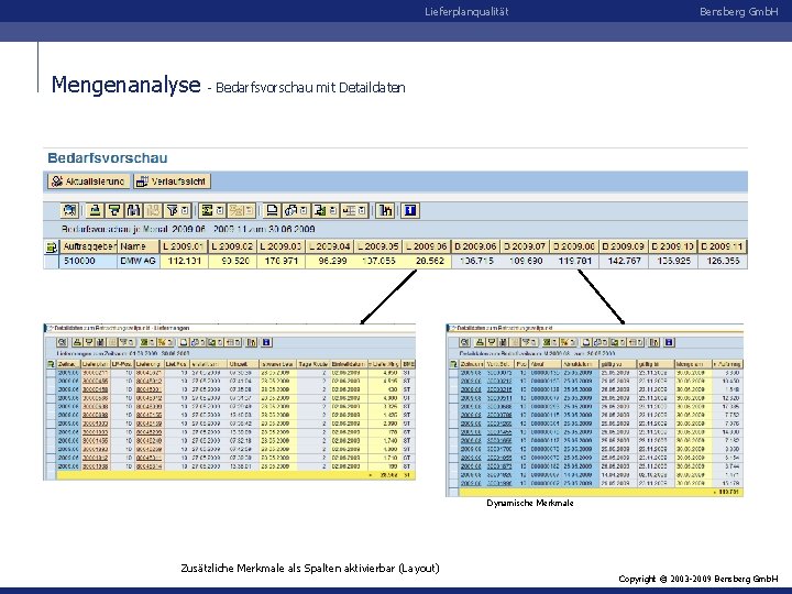 Lieferplanqualität Mengenanalyse Bensberg Gmb. H - Bedarfsvorschau mit Detaildaten Dynamische Merkmale Zusätzliche Merkmale als