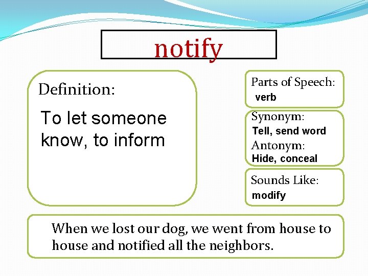 notify Definition: Parts of Speech: To let someone know, to inform Synonym: verb Tell,