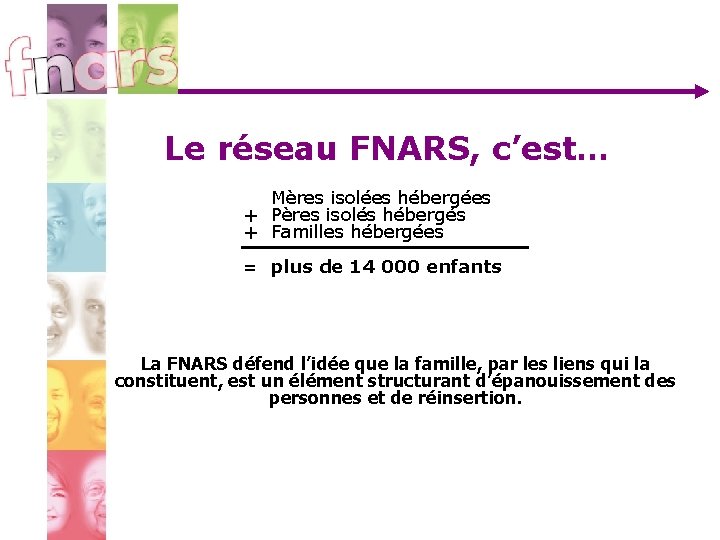 Le réseau FNARS, c’est… + Mères isolées hébergées + Pères isolés hébergés + Familles Le réseau FNARS, c’est… + Mères isolées hébergées + Pères isolés hébergés + Familles