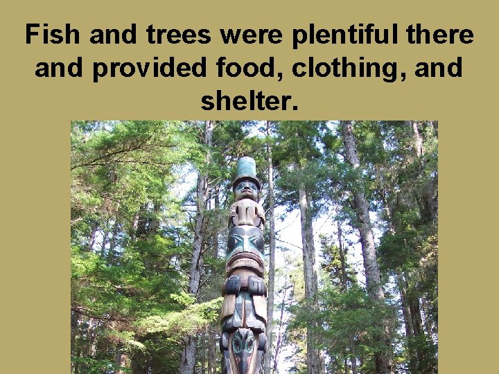 Fish and trees were plentiful there and provided food, clothing, and shelter. 